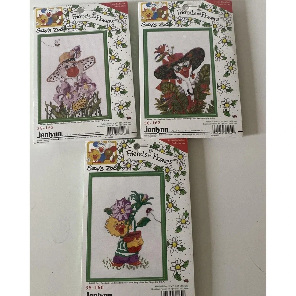 Lot 3 90's Janlynn Suzy's Zoo Friends & Flowers Cross Stitch Kit 5x7